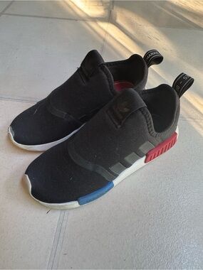 adidas Kids Black Slip-On Sneakers with Red & Blue Midsole Accents
